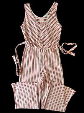 Terry Knit Red & White Stripe Wide Leg Sleeveless Jumper Jumpsuit Medium Beachy